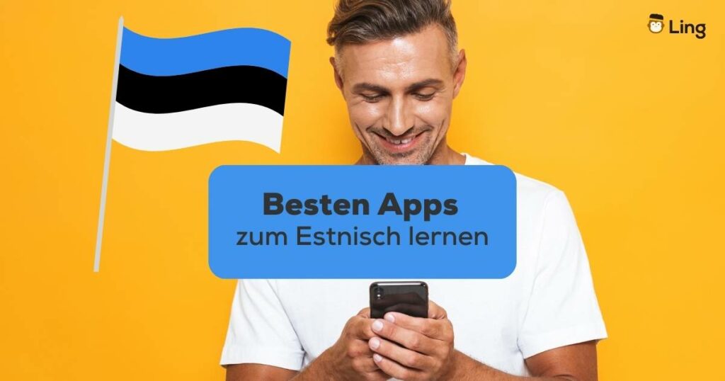 Blonder Mann schaut auf sein Handy und freut sich die Ling-App gefunden zu haben unter den besten Apps zum Estnisch lernen