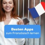 Rothaarige Frau hält Handy in der Hand und sucht nach den besten Apps zum Französisch lernen mit der Ling-App