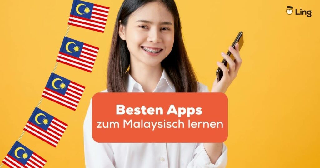 Junge asiatische Frau hält ein Smartphone in der Hand und freut sich die besten Apps zum Malaysisch lernen mit Ling-App gefunden zu haben