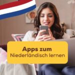 Frau schaut auf ihr Handy und verwendet eine der besten Apps zum Niederländisch lernen Ling-App