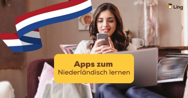 Frau Schaut Auf Ihr Handy Und Verwendet Eine Der Besten Apps Zum Niederländisch Lernen Ling-App