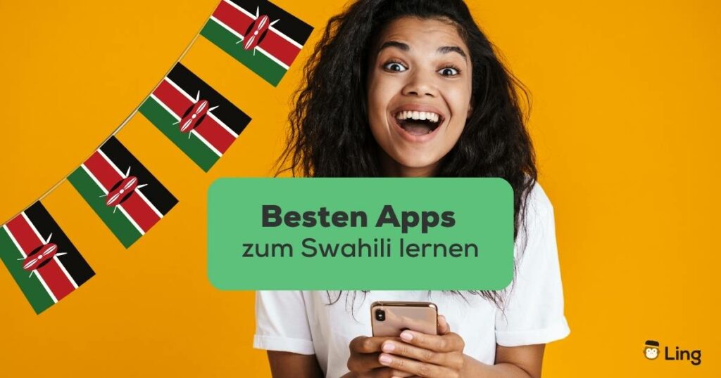 Duneklhaarige Frau freut sich, hat ihr Handy inder Hand und freut sich mit der Ling-App die beste App zum Swahili lernen gefunden zu haben