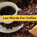 lao words for coffee banner with coffee cup and beans in the background