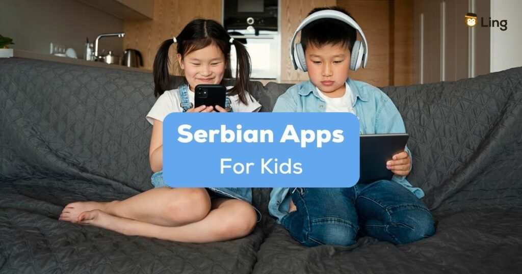 A photo of two Asian children using their mobile gadgets while sitting on a sofa behind the Serbian Apps For Kids texts.