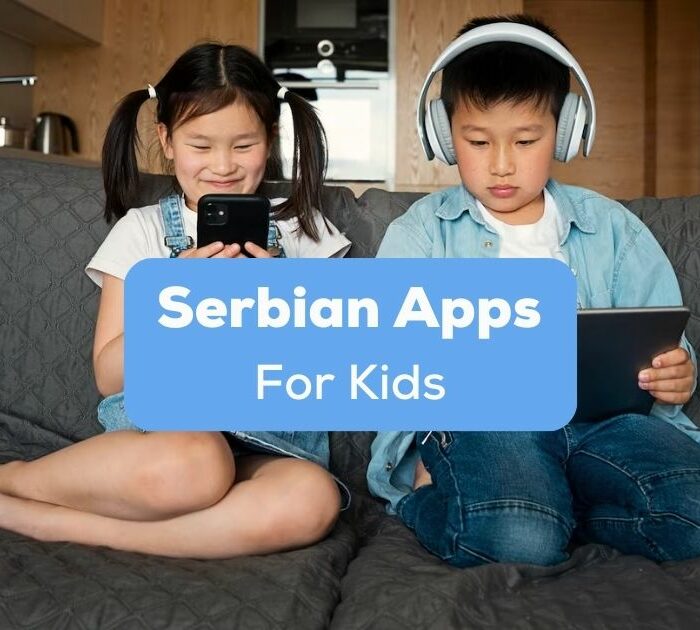A photo of two Asian children using their mobile gadgets while sitting on a sofa behind the Serbian Apps For Kids texts.