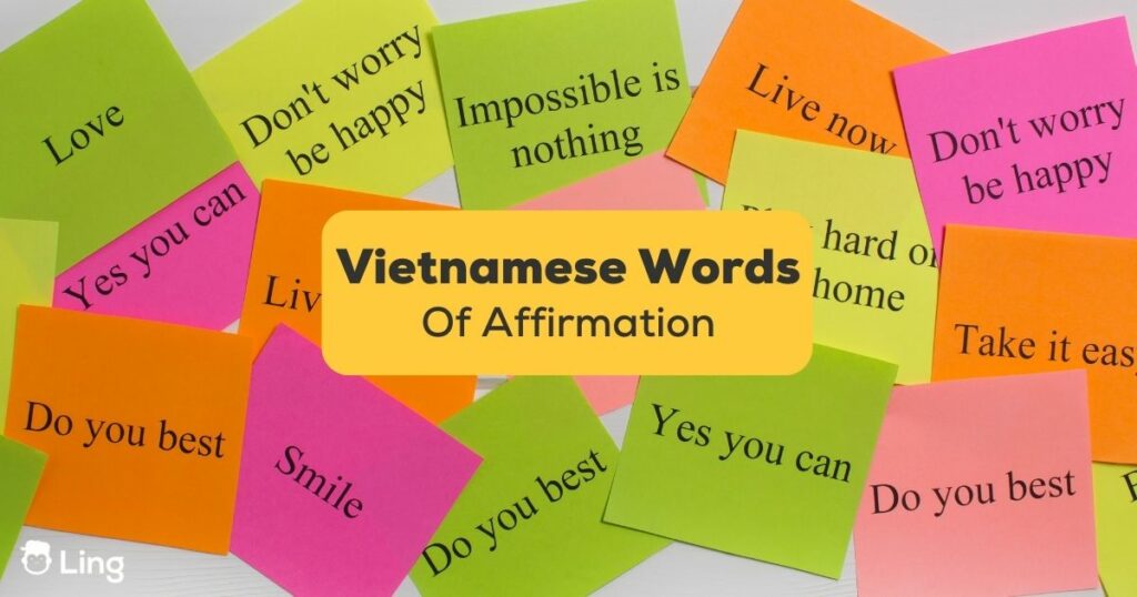 vietnamese words of affirmation banner with different colors of sticky notes with words written on the background