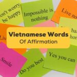 vietnamese words of affirmation banner with different colors of sticky notes with words written on the background