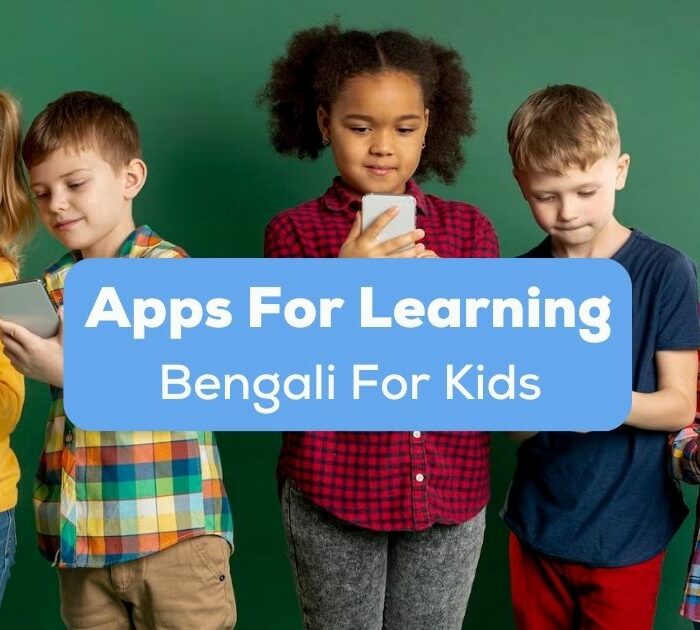 A photo of a group of children from various races using their phones behind the Apps For Learning Bengali For Kids texts.