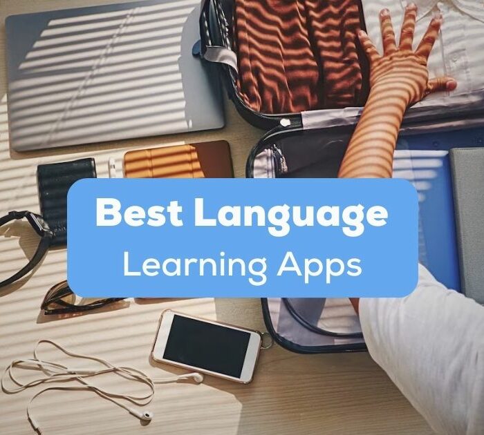 A photo of a man packing his bag with clothes and travel essentials behind the Best Language Learning Apps texts.