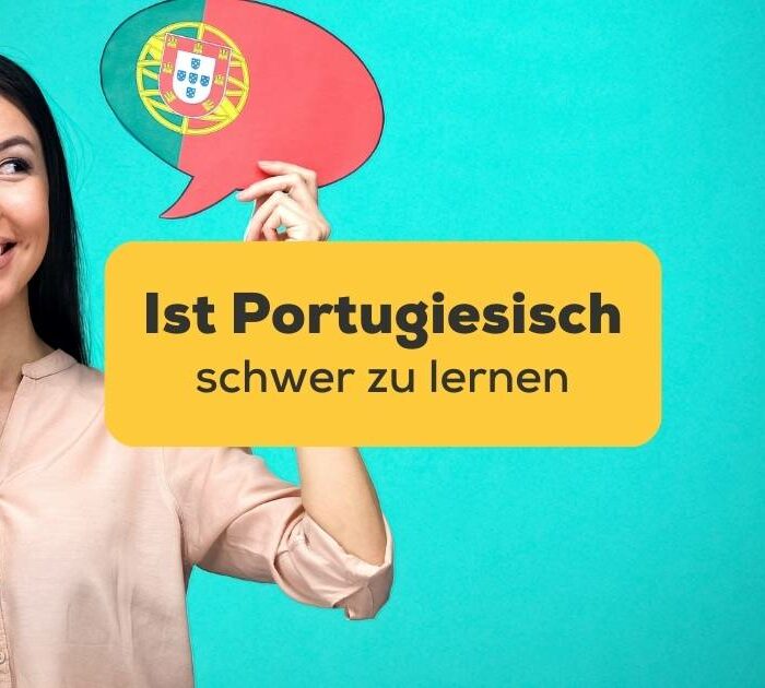 Asiatische Frau hält Sprechblase mit portugiesischer Flagge hoch und frägt sich: ist Portugiesisch schwer zu lernen?