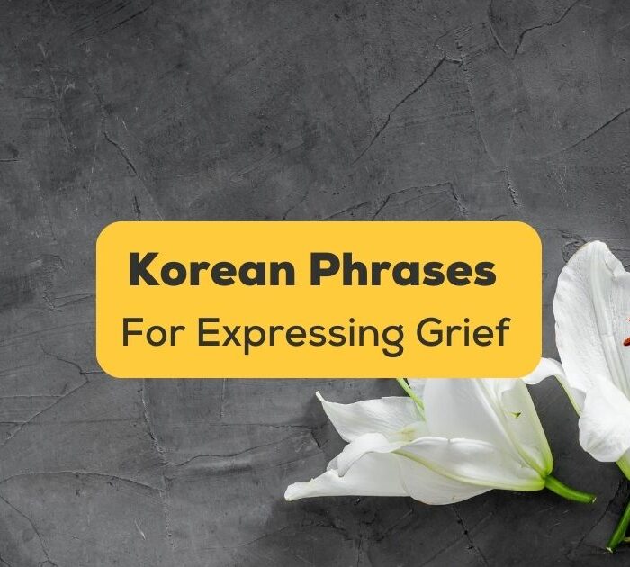 korean phrases for expressing grief banner with white flowers and gloomy background