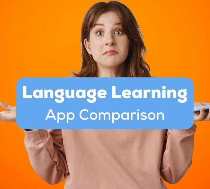 A photo of a confused-looking female holding a phone behind the Language Learning App Comparison texts.