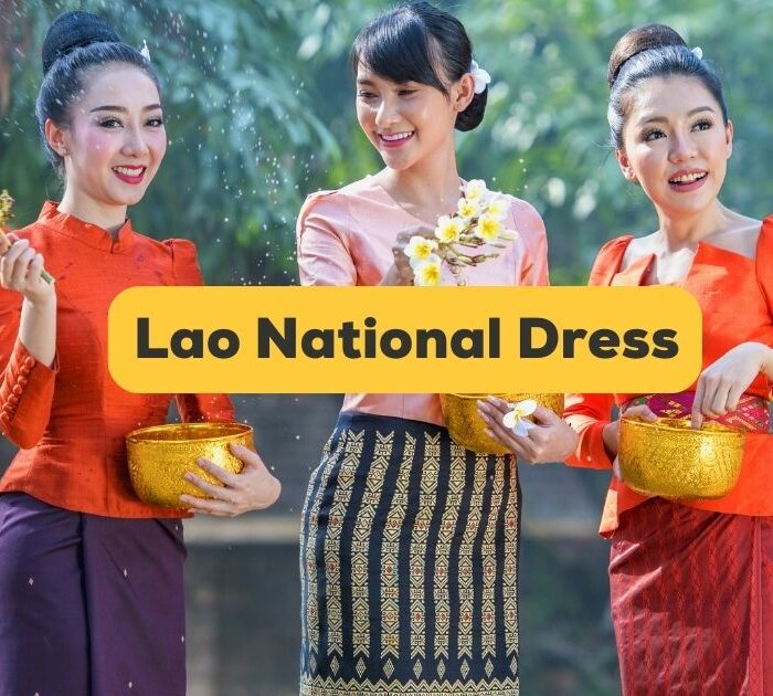 lao national dress banner with three laoatian women wearing traditional outfits in the background