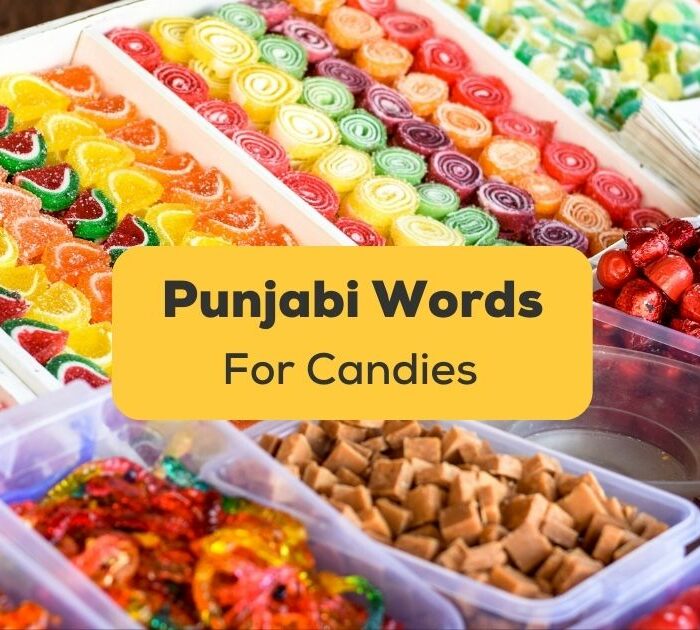 punjabi words for candies banner with different sweets and treats in the background