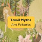 tamil myths and folktales banner with mythical characters in the background