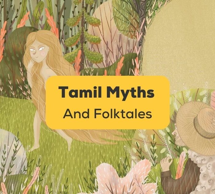 tamil myths and folktales banner with mythical characters in the background
