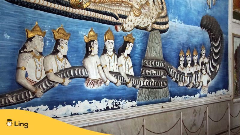 temple in tamil nadu with mythical creatures painted in the wall