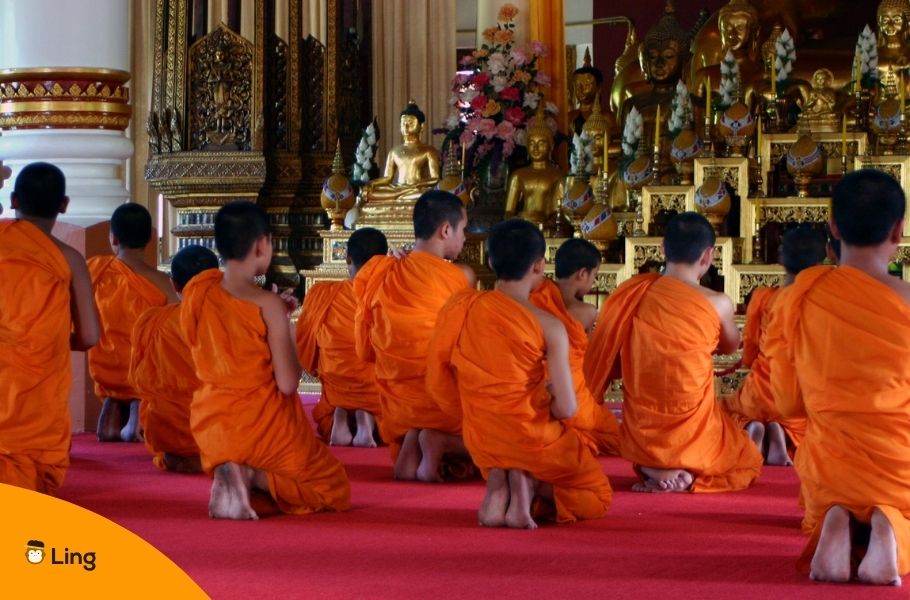 Buddhist Monks Praying In Thai Temple