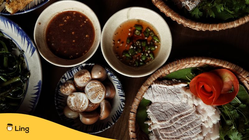 meat, vegetables, and sauces as food ingredients for vietnamese cuisine