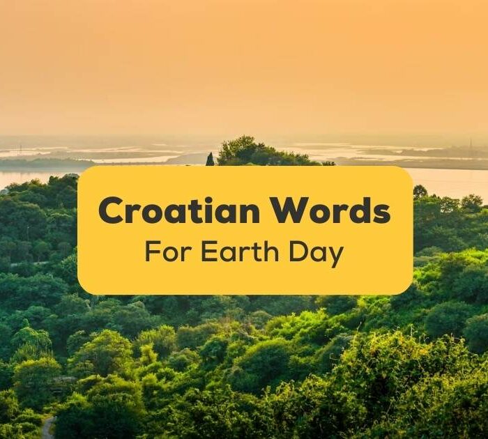 A photo of a landscape of hills covered in greenery surrounded by the sea under a cloudy sky during the sunset behind the Croatian Words For Earth Day texts.