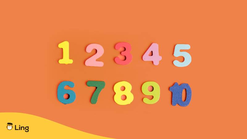 Bunte Zahlen auf orangenem Hintergrund, die man auf Italienisch mit der Ling-App lernen kann