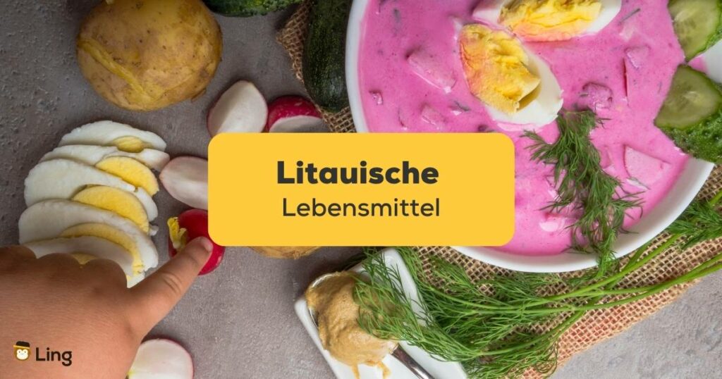 Litauische Suppe aus Roter Bete und andere frische litauische Lebensmittel