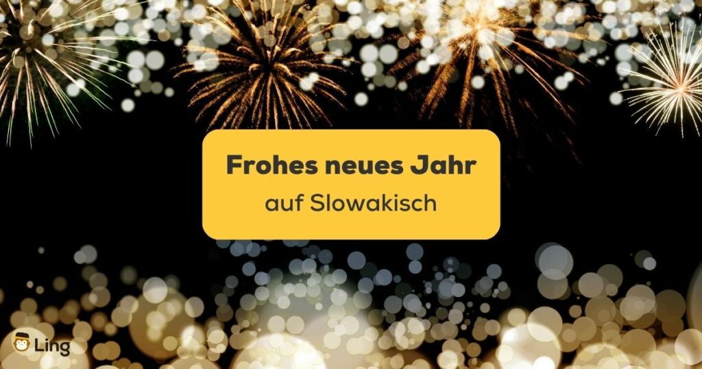 Umrisse eines Feuerwerks im unteren und oberen Bereich vor dunklen Hintergrung. Lerne ein Frohes neues Jahr auf Slowakisch zu sagen mit der Ling-App.