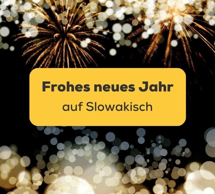 Umrisse eines Feuerwerks im unteren und oberen Bereich vor dunklen Hintergrung. Lerne ein Frohes neues Jahr auf Slowakisch zu sagen mit der Ling-App.