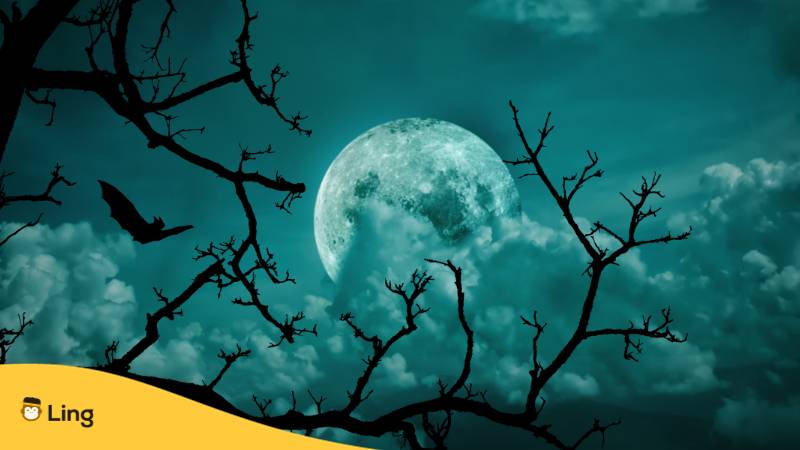 Halloween Hintergrund mit spuckendem Wald, toten Baum, fliegender Fledermaus und Vollmond. Entdecke gruselige slowakische Geistergeschichten mit der Ling-App. 