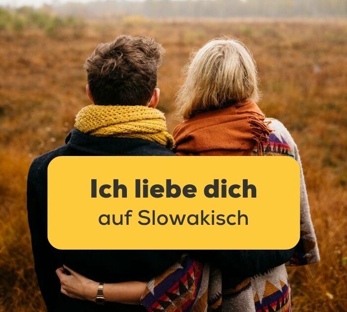 Paar blickt verliebt an einem Herbsttag umarmend in die Natur. Lerne ich liebe dich auf Slowakisch zu sagen mit der Ling-App.