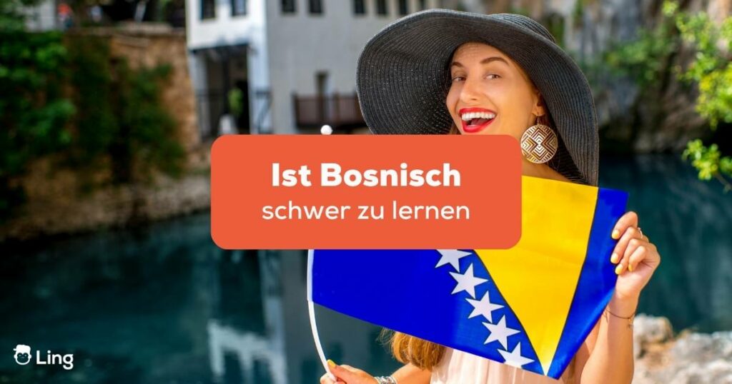 Junge Frau mit Hut hält lachend die bosnische Flagge in der Hand und freut sich, dass sich erfolgreich bosnisch mit der Ling-App gelernt hat, nachdem sie sich gefragt hat, ist bosnisch schwer zu lernen?