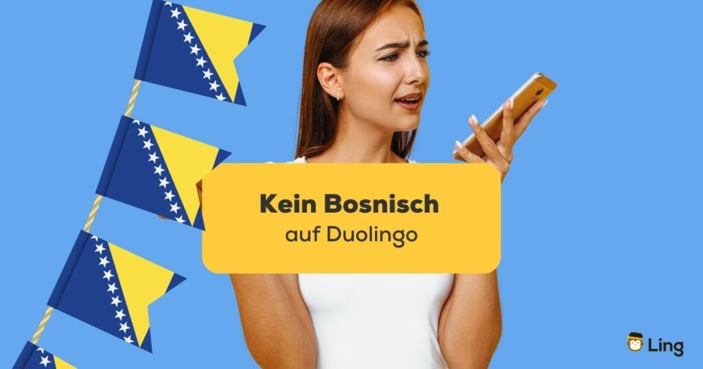 Frau schaut frustriert auf ihr Handy weil es Kein Bosnisch auf Duolingo gibt, aber keine Sorge mit der Ling-App kann sie trotzdem Bosnisch lernen