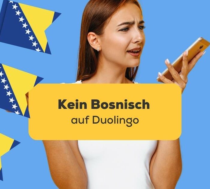 Frau schaut frustriert auf ihr Handy weil es Kein Bosnisch auf Duolingo gibt, aber keine Sorge mit der Ling-App kann sie trotzdem Bosnisch lernen