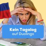 Eine Frau am Laptop verzweifelt, weil es kein Tagalog auf Duolingo gibt