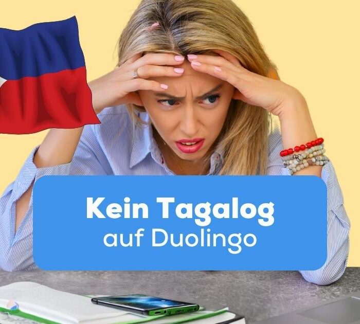 Eine Frau am Laptop verzweifelt, weil es kein Tagalog auf Duolingo gibt