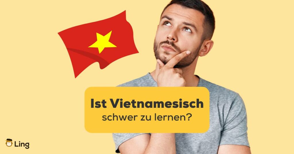 Brünetter Mann wundert sich: Ist Vietnamesisch schwer zu lernen und freut sich das er mit der Ling-App Vietnamesisch lernen kann