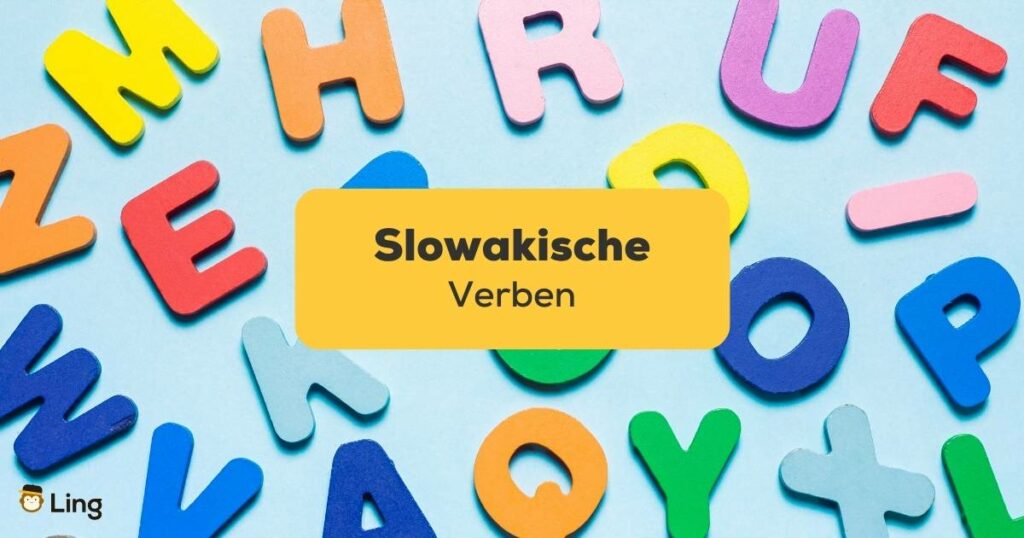 Unterschiedliche farbige Buchstaben auf blauen Untergrund. Lerne slowakische Verben mit der Ling-App.