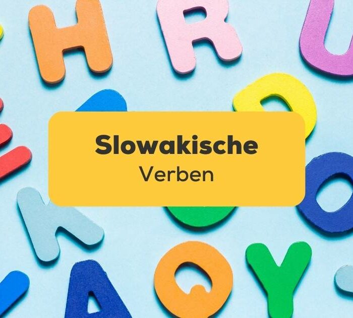 Unterschiedliche farbige Buchstaben auf blauen Untergrund. Lerne slowakische Verben mit der Ling-App.