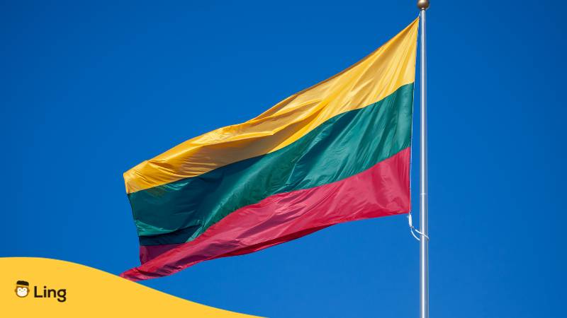 Litauische Flagge weht unter blauem Himmel im Wind