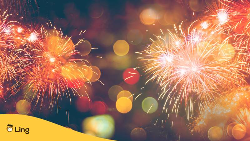 Buntes Feuerwerk zu Silvester. Lerne ein Frohes neues Jahr auf Slowakisch zu wünschen mit der Ling-App.