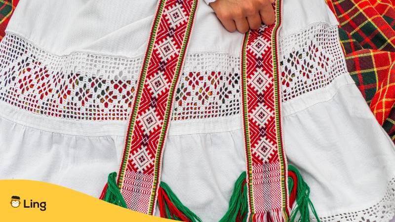 Ausschnitt Eines Traditionellen Litauischen Kleides Aus Traditionell Gefertigten Stoff