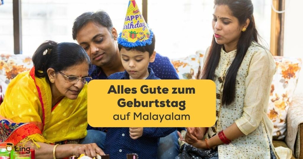 Indische Familie feiert den Geburtstag ihres Kindes und wünscht alles Gute zum Geburtstag auf Malayalam. Lerne die Malayalam Sprache mit der Ling-App.