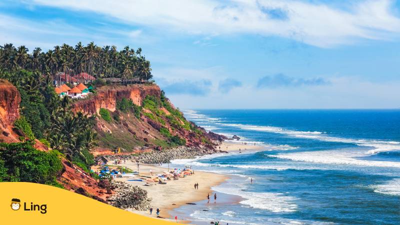 Varkala Strand, Kerala, Indien. Lerne atemberaubende Orte in Kerala kennen, mit der Ling-App.
