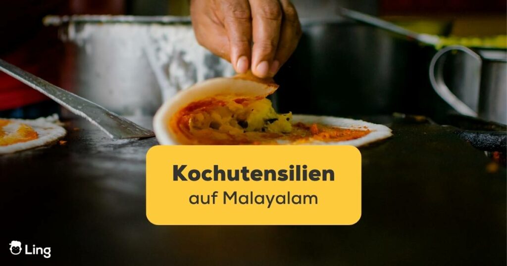 Zubereitung des südindischen Gerichts Masala dosa. Lerne Vokabeln für Kochutensilien auf Malayalam mit der Ling-App.