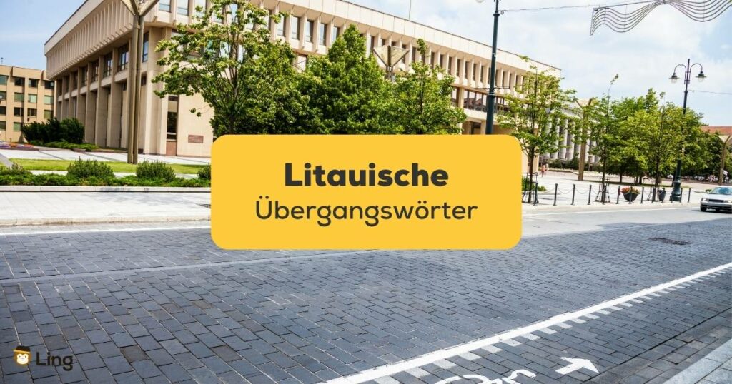 Staatliches Gebäude in Litauen von der gegenüberliegenden Straßenseite betrachtet. Lerne trickreiche litauische Übergangswörter mit der Ling-App.