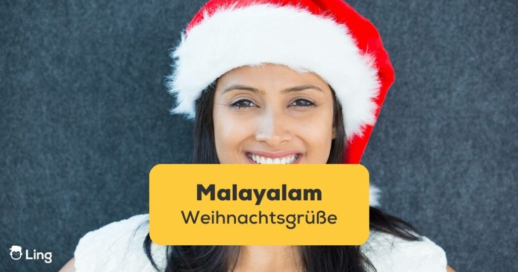 Inderin aus Kerala mit Weihnachtsmütze. Lerne Malayalam Weihnachtsgrüße mit der Ling-App für ein frohes Fest.