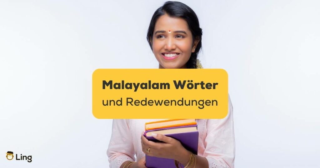 malayalam Sprachlehrerin mit Sprachbüchern in der Hand. Lerne Malayalam Wörter und Redewendungen mit der Ling-App.