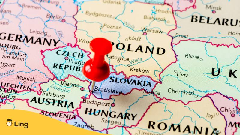 Weltkarte, in der eine Pinnnadel auf die Hauptstadt von der Slowakei gesteckt ist. Lerne grundlegende slowakische Wörter und Redewendungen mit der Ling-App.