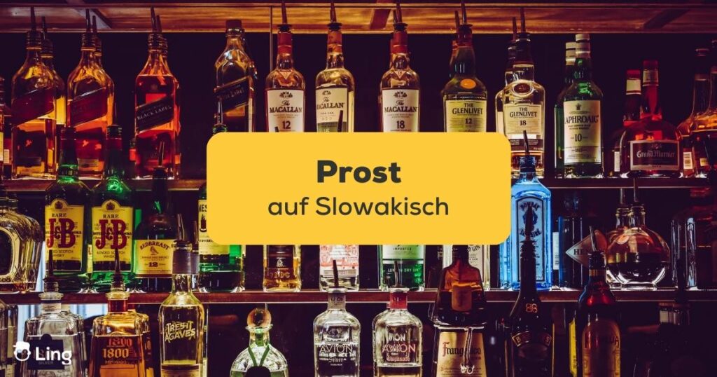 Bar mit mehreren Flaschen von hartem Alkohol. Lerne, was Prost auf Slowakisch bedeutet mit der Ling-App.