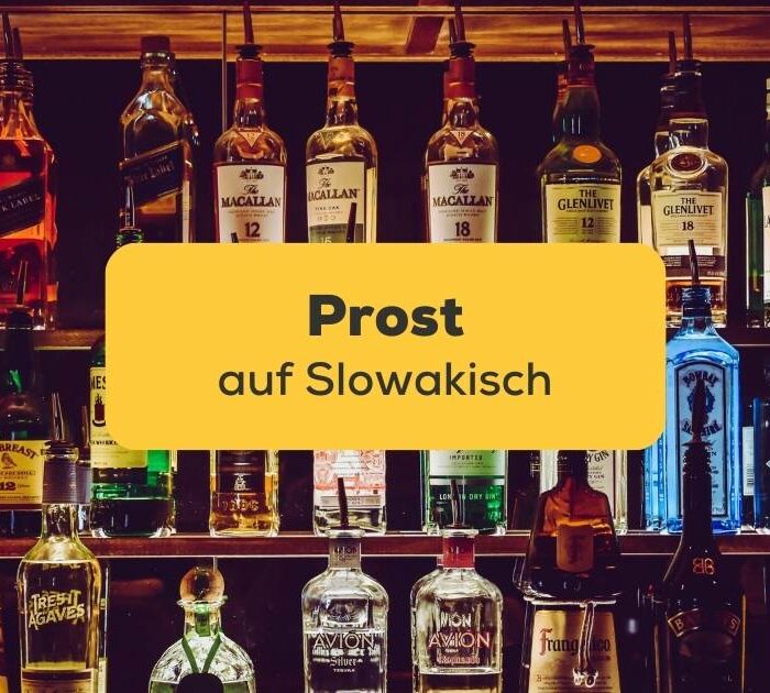 Bar mit mehreren Flaschen von hartem Alkohol. Lerne, was Prost auf Slowakisch bedeutet mit der Ling-App.